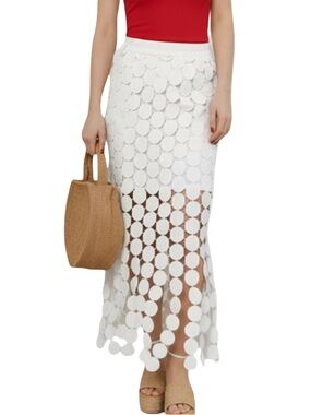 🍒NEW Laser Cut Circle Double Layered High Waist Midi Skirt in Snow, Size Medium